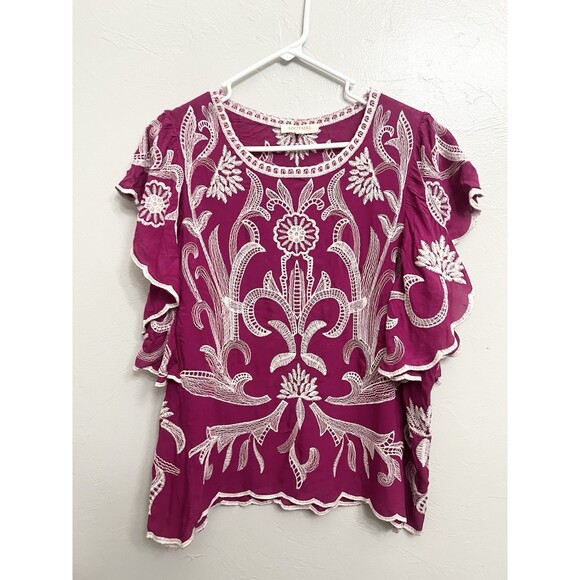 Solitaire Blouse Large Pink Embroidered Boho Crochet Shirt Festival Hippie Top - Picture 3 of 9